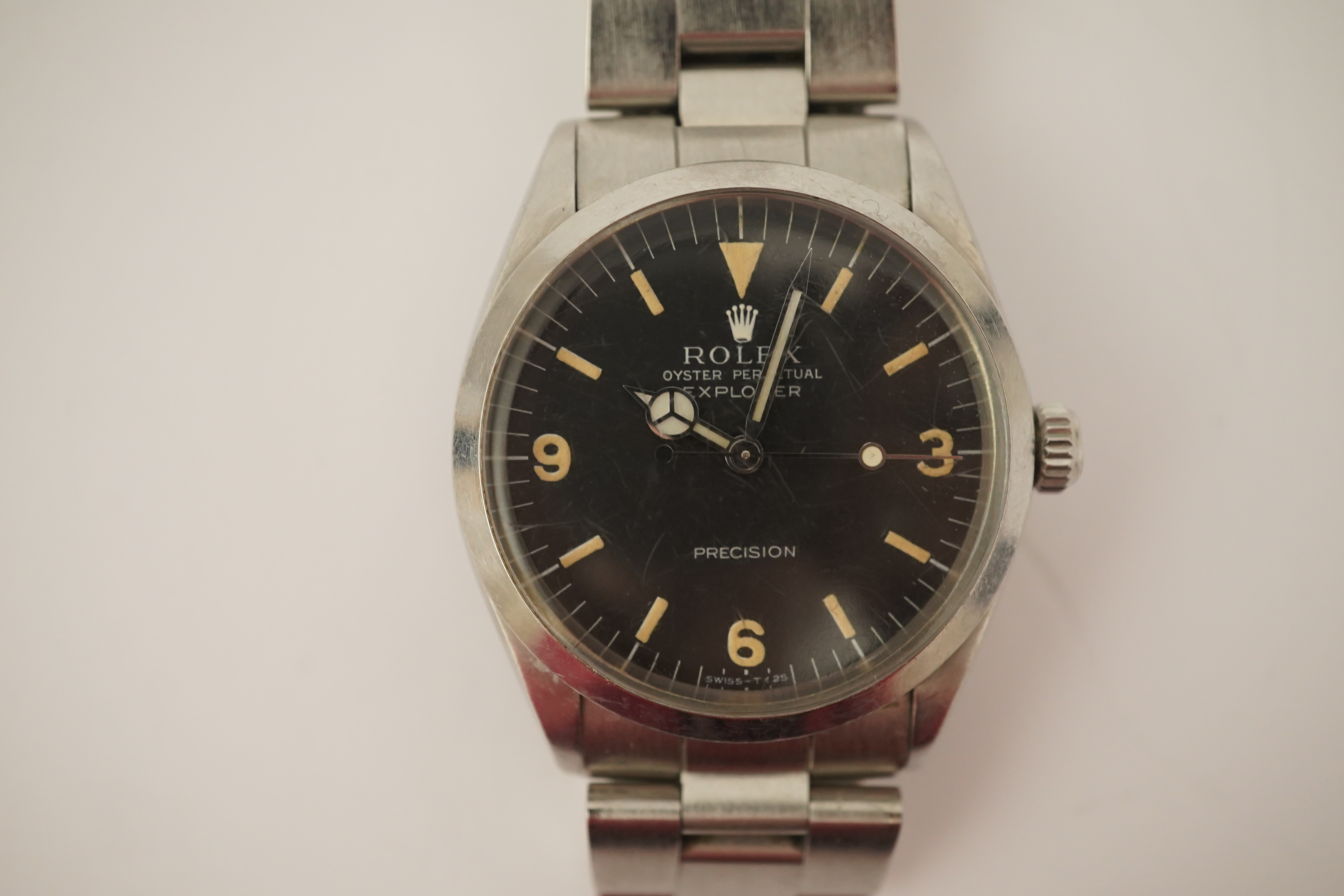 A gentleman's late 1960's Rolex Oyster Perpetual Explorer Precision wrist watch, on a stainless steel Rolex bracelet numbered 79350